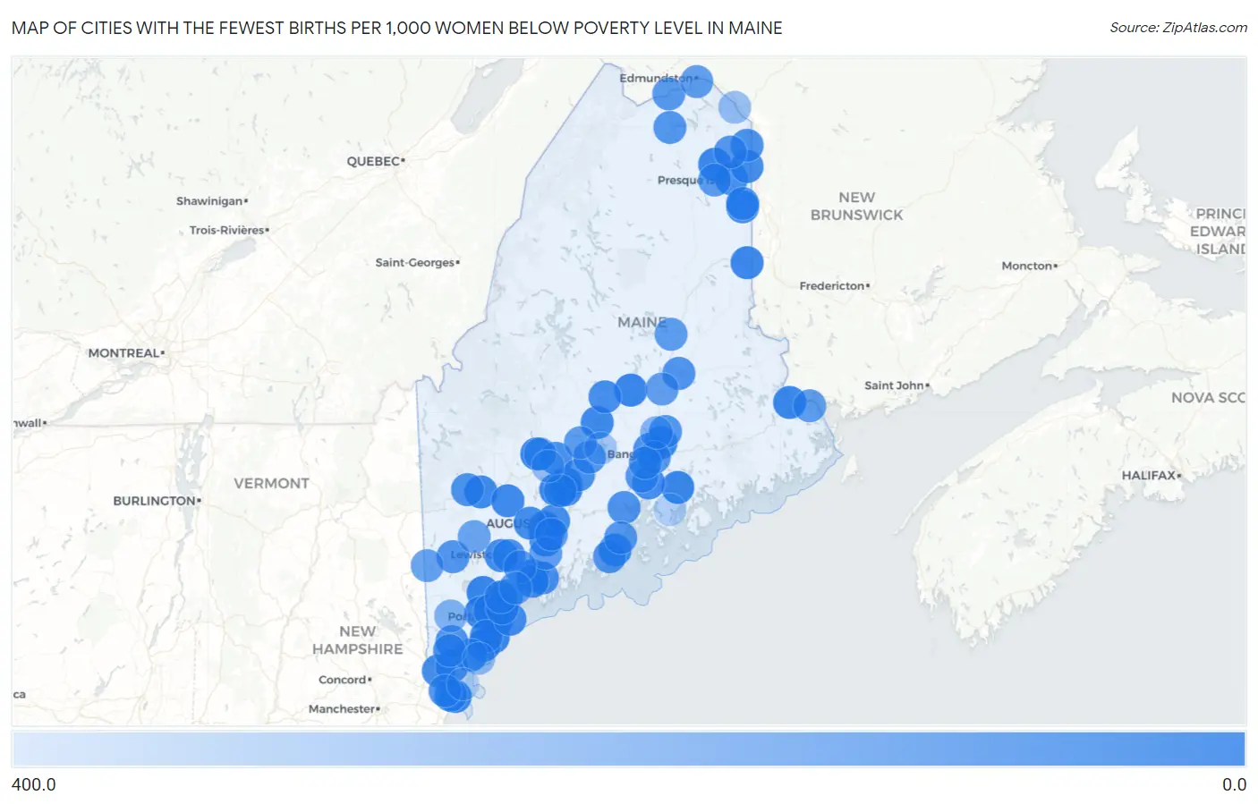 Cities with the Fewest Births per 1,000 Women Below Poverty Level in Maine Map