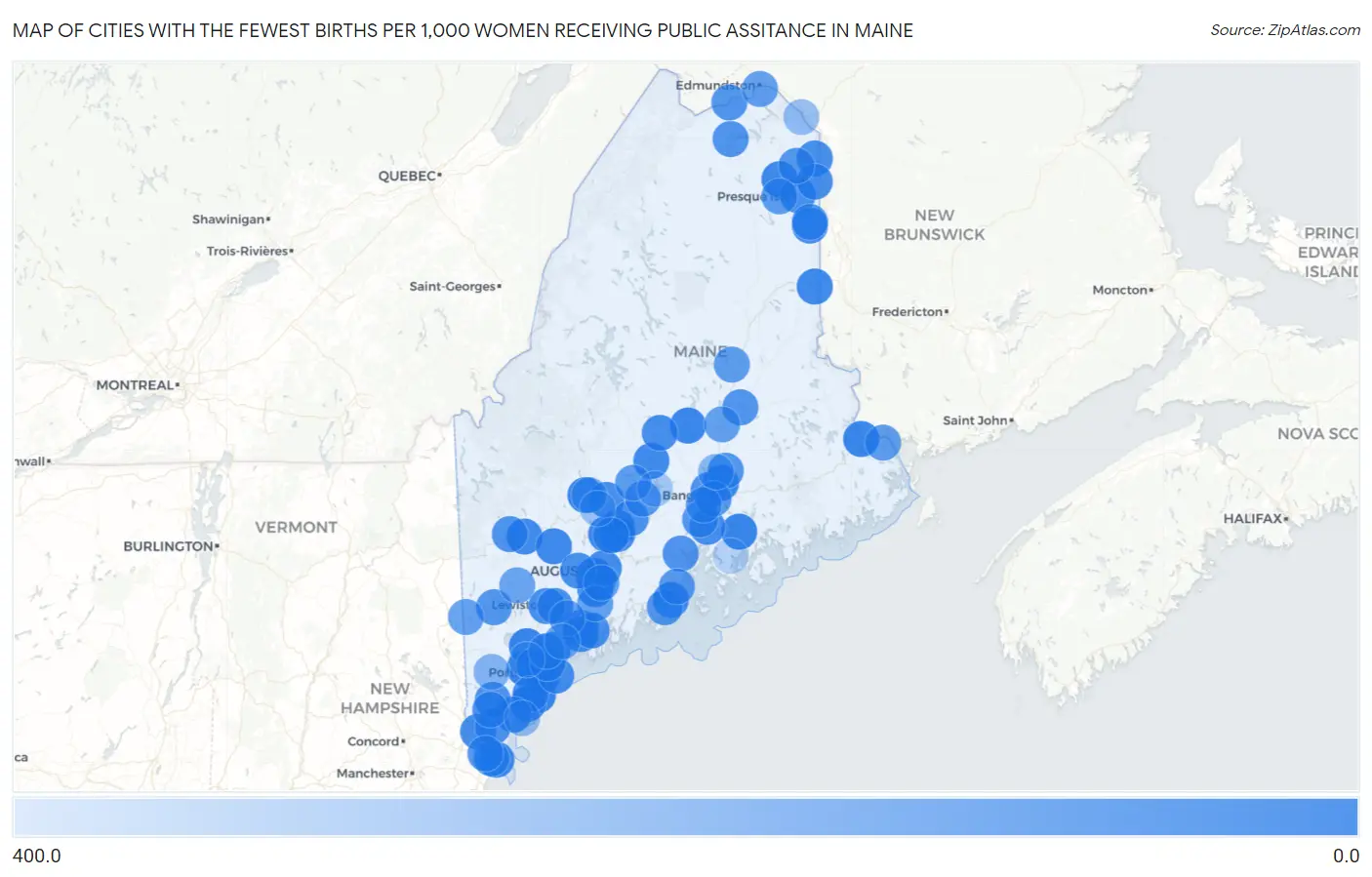 Cities with the Fewest Births per 1,000 Women Receiving Public Assitance in Maine Map