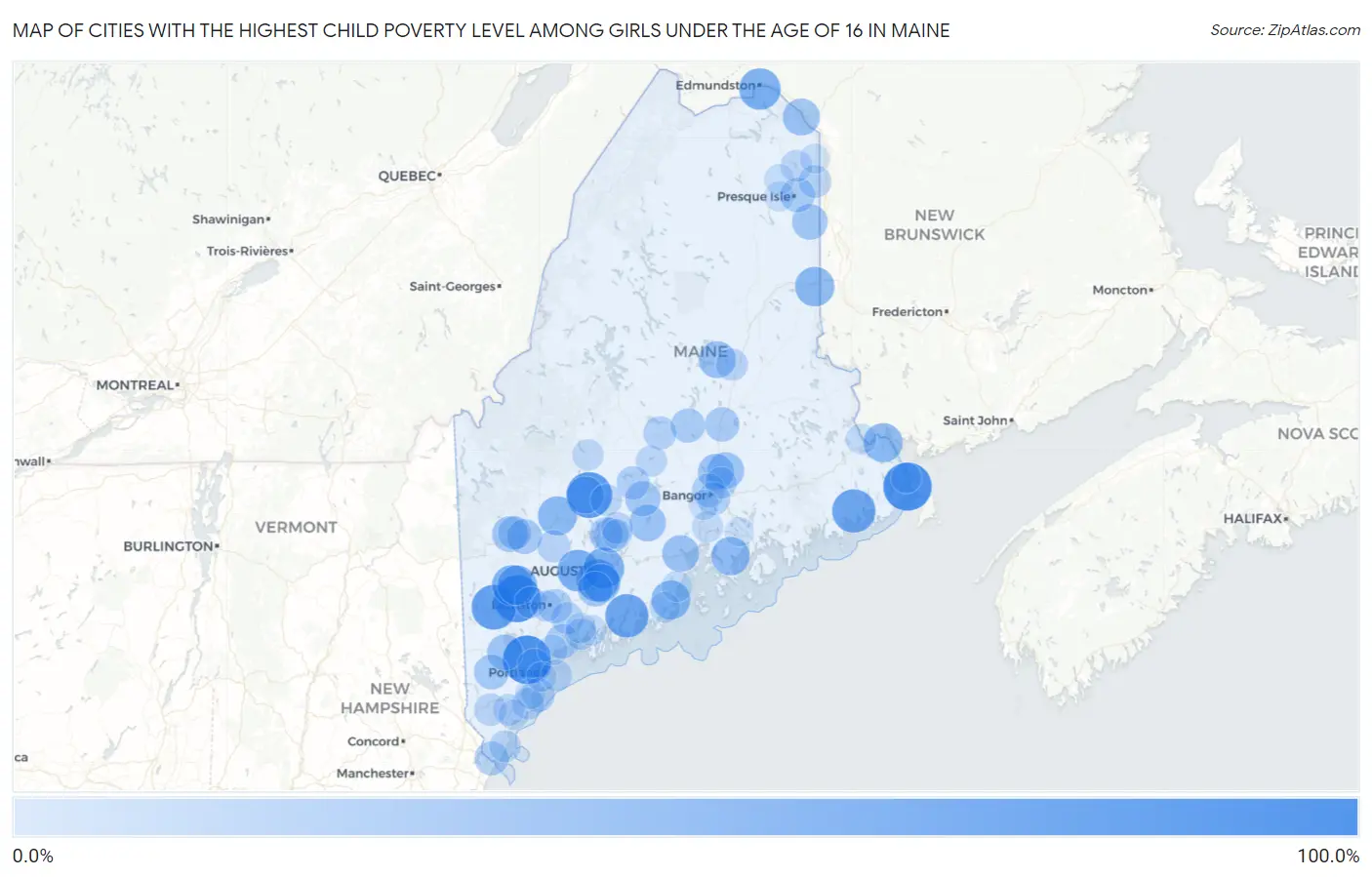 Cities with the Highest Child Poverty Level Among Girls Under the Age of 16 in Maine Map