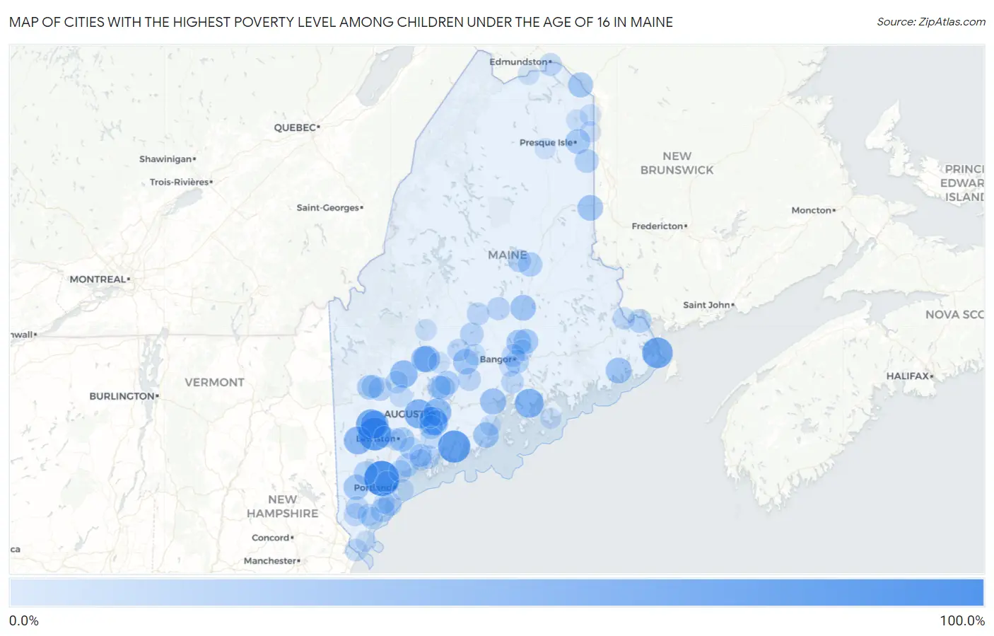 Cities with the Highest Poverty Level Among Children Under the Age of 16 in Maine Map