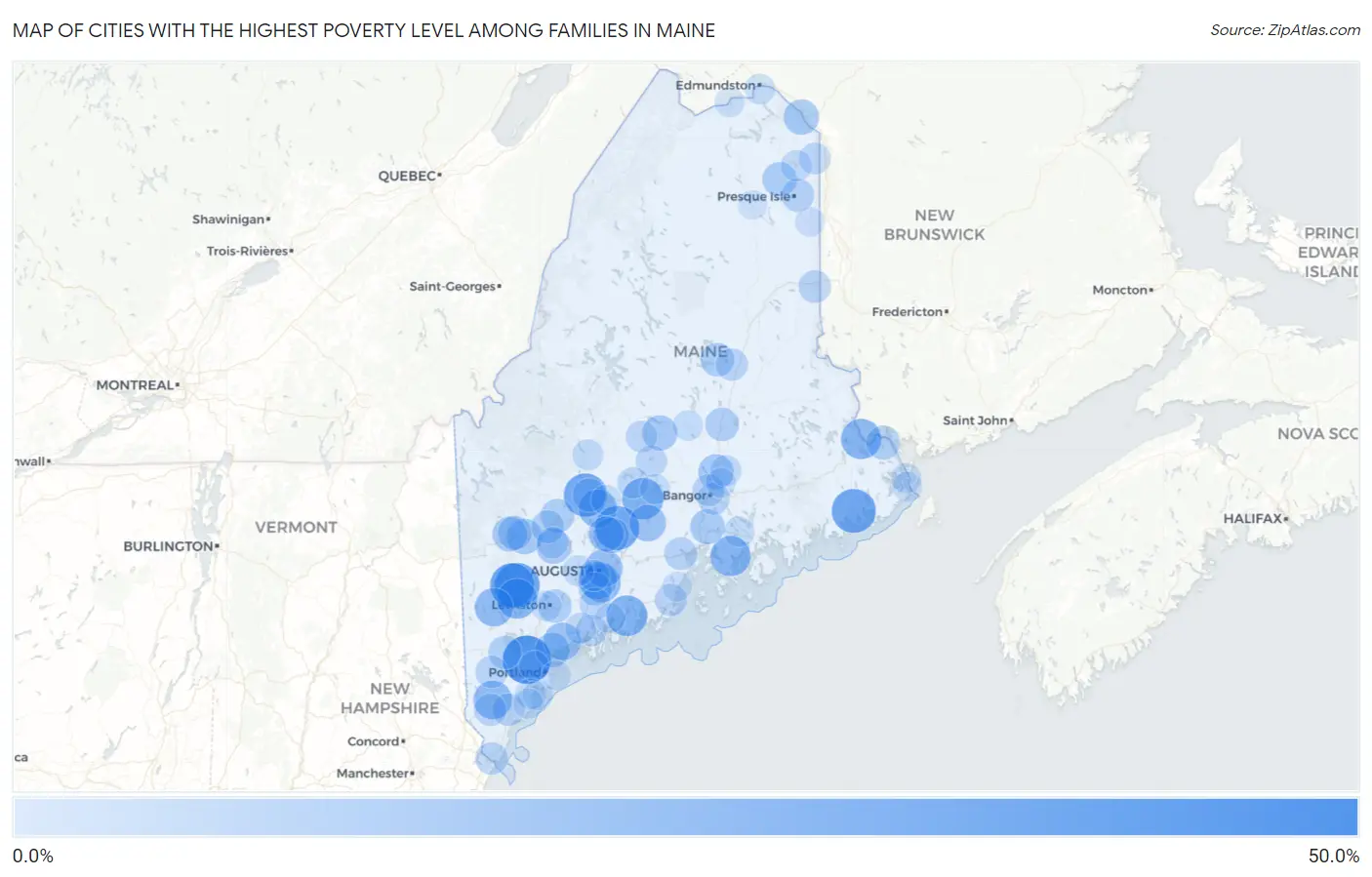 Cities with the Highest Poverty Level Among Families in Maine Map