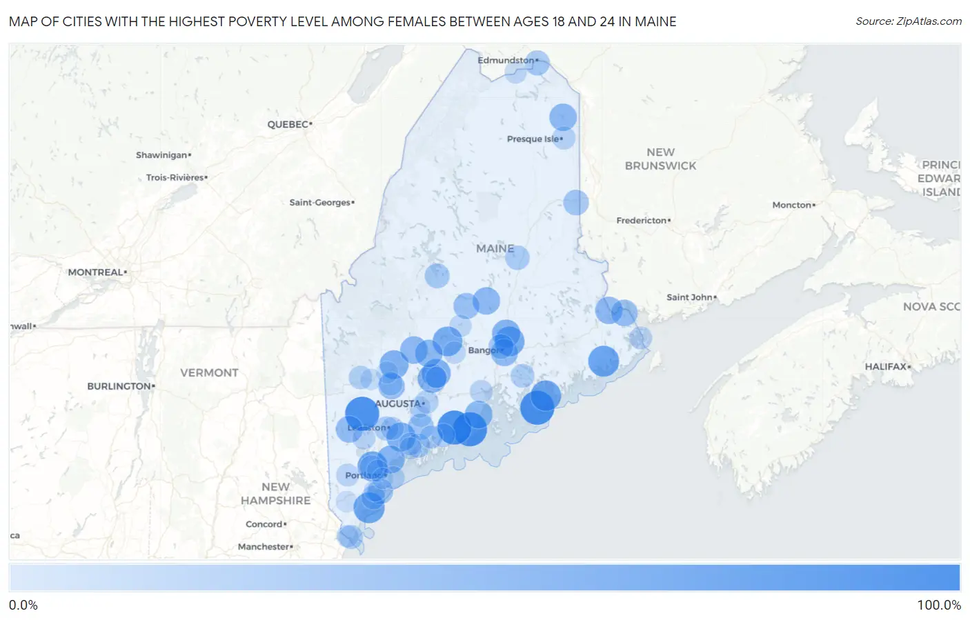 Cities with the Highest Poverty Level Among Females Between Ages 18 and 24 in Maine Map