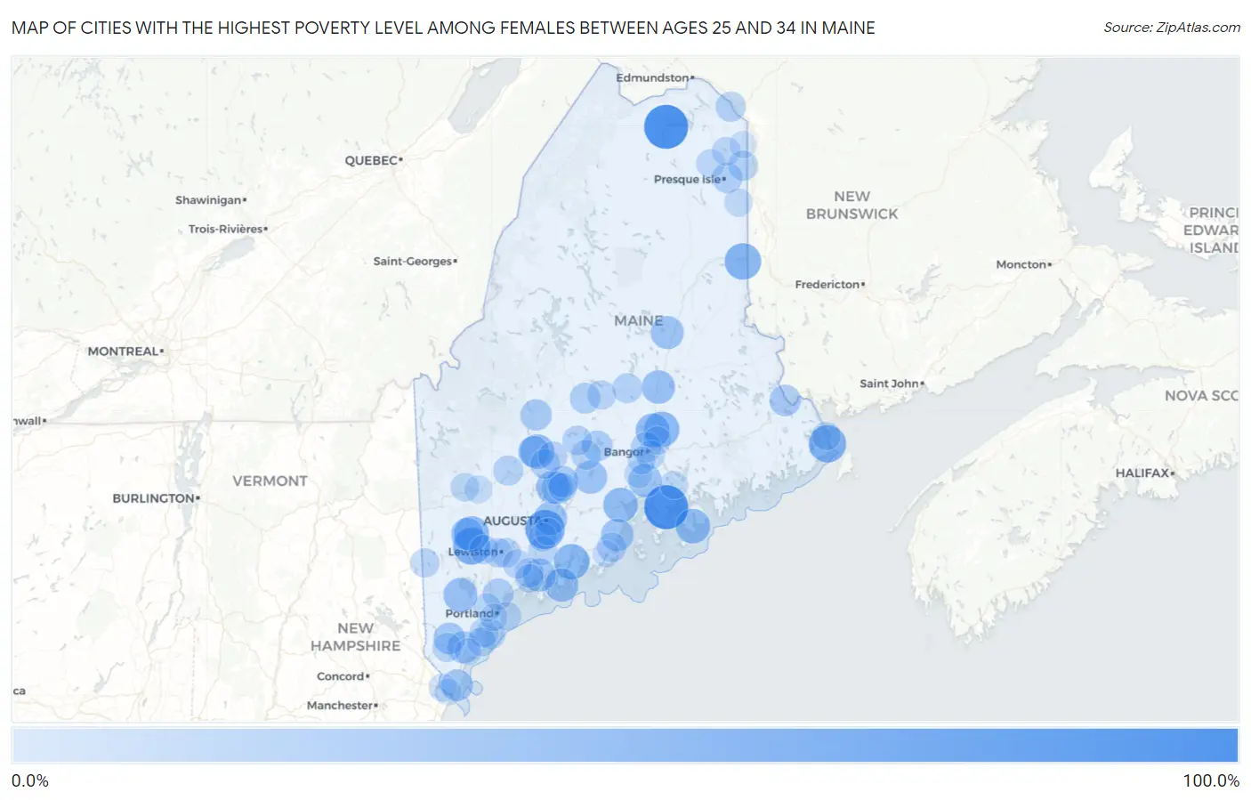 Cities with the Highest Poverty Level Among Females Between Ages 25 and 34 in Maine Map
