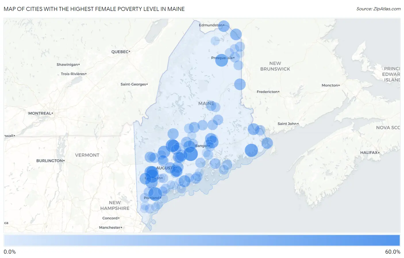 Cities with the Highest Female Poverty Level in Maine Map