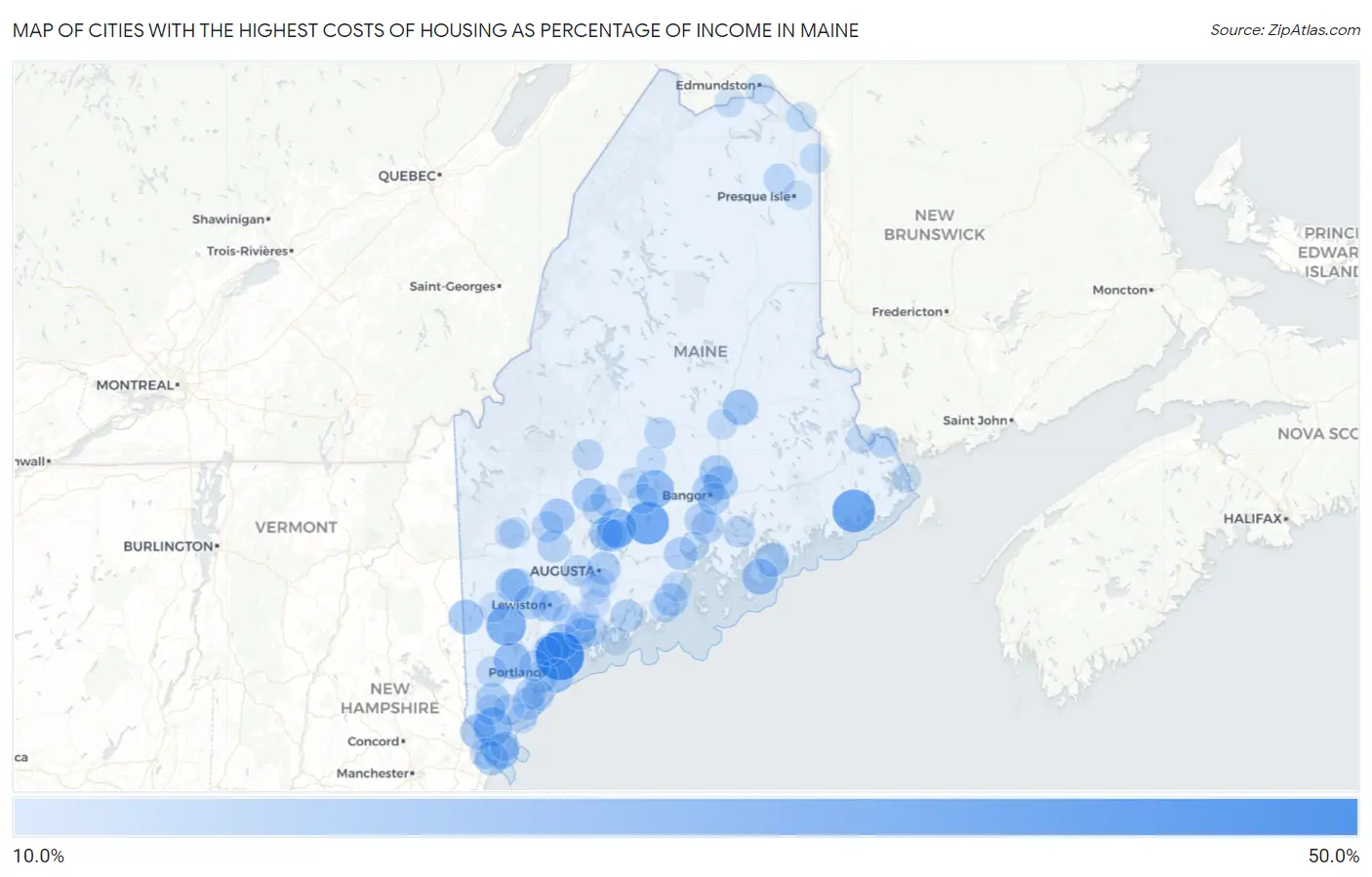 Cities with the Highest Costs of Housing as Percentage of Income in Maine Map