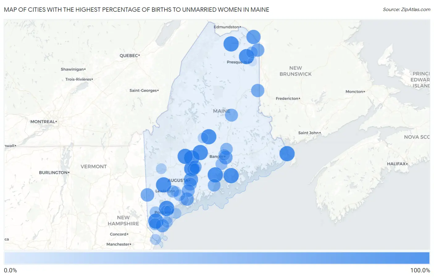 Cities with the Highest Percentage of Births to Unmarried Women in Maine Map