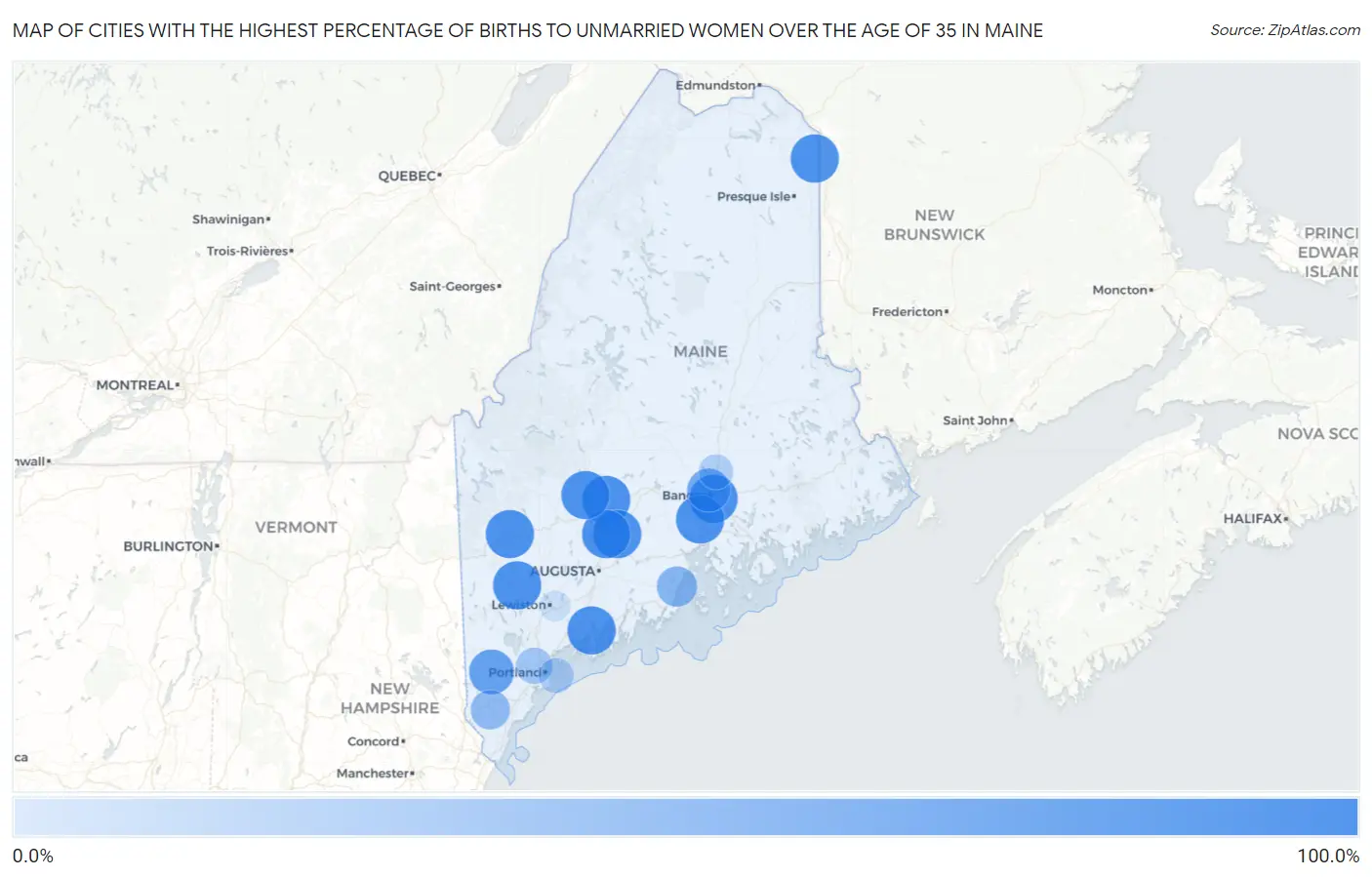 Cities with the Highest Percentage of Births to Unmarried Women over the Age of 35 in Maine Map