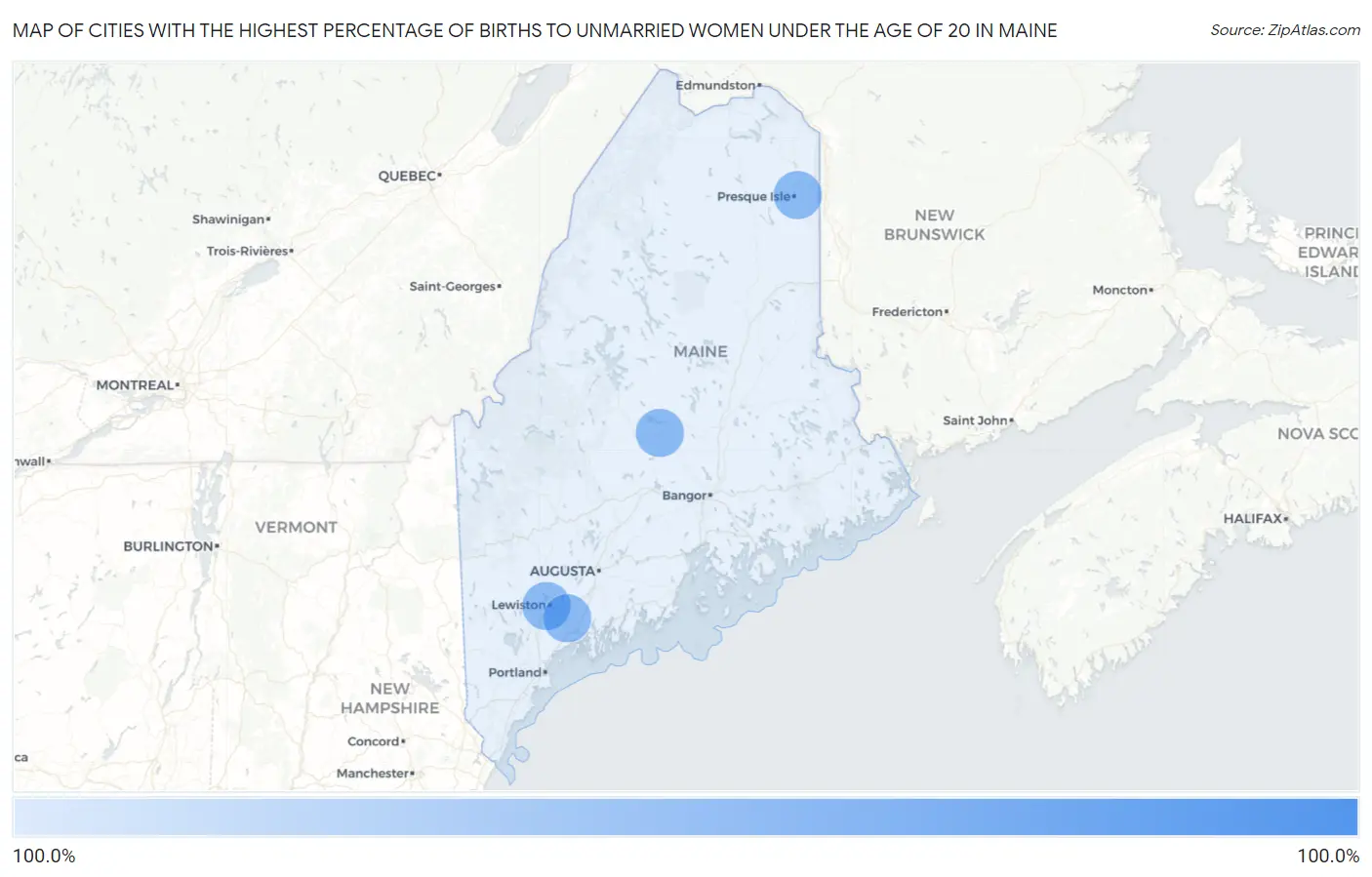 Cities with the Highest Percentage of Births to Unmarried Women under the Age of 20 in Maine Map