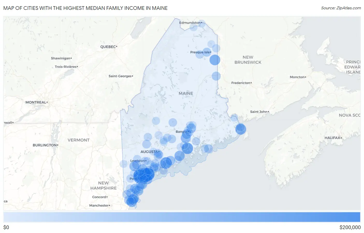 Cities with the Highest Median Family Income in Maine Map