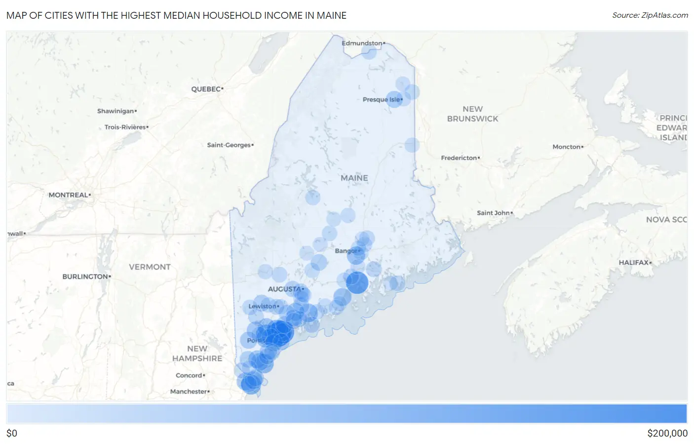 Cities with the Highest Median Household Income in Maine Map
