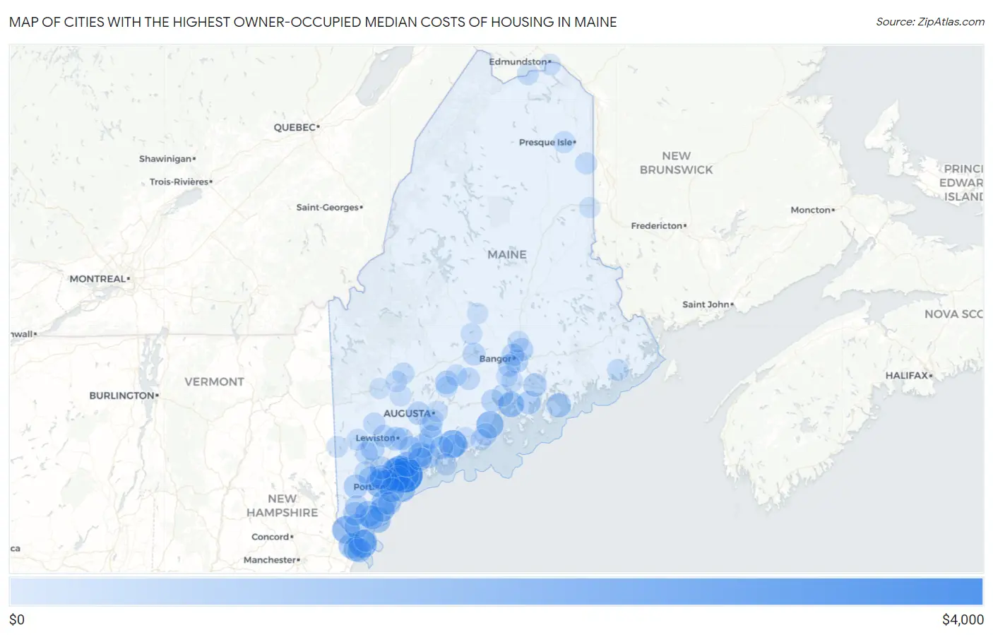Cities with the Highest Owner-Occupied Median Costs of Housing in Maine Map