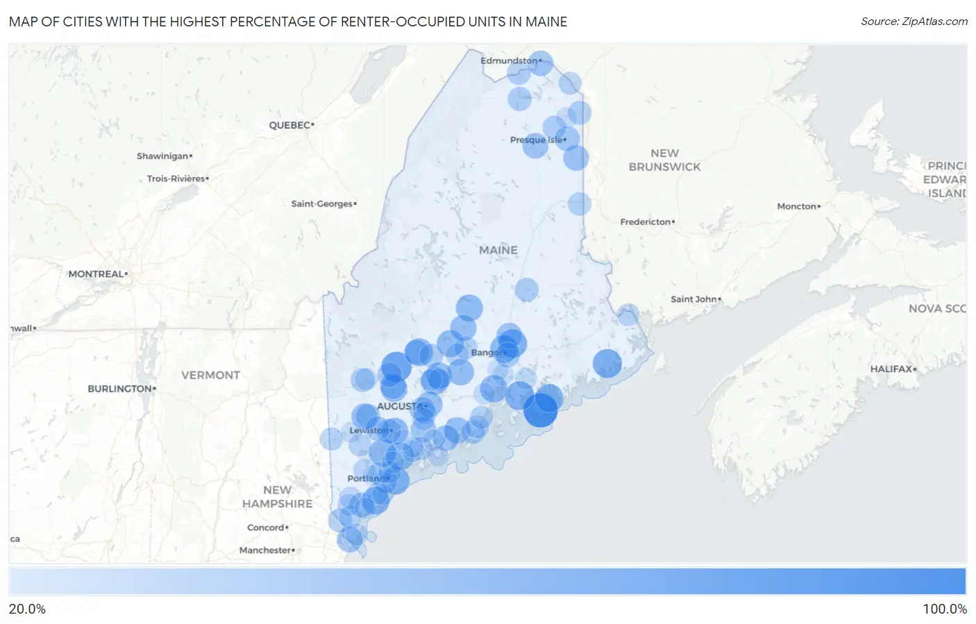 Cities with the Highest Percentage of Renter-Occupied Units in Maine Map