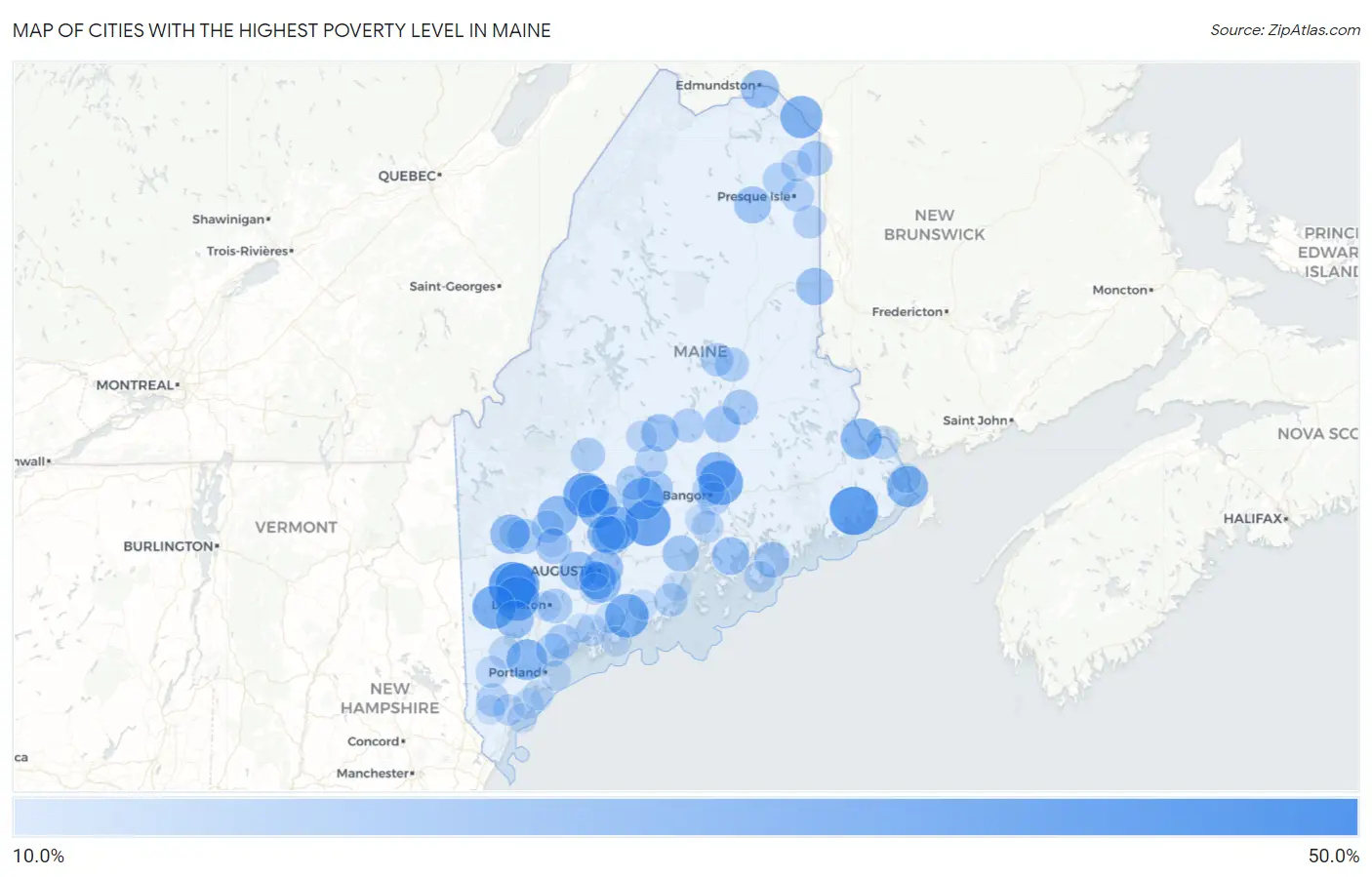 Cities with the Highest Poverty Level in Maine Map