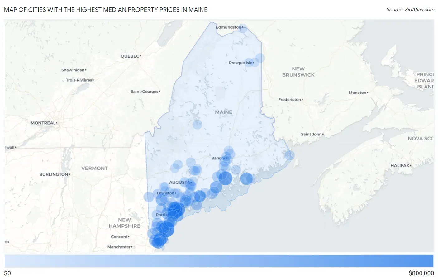 Cities with the Highest Median Property Prices in Maine Map