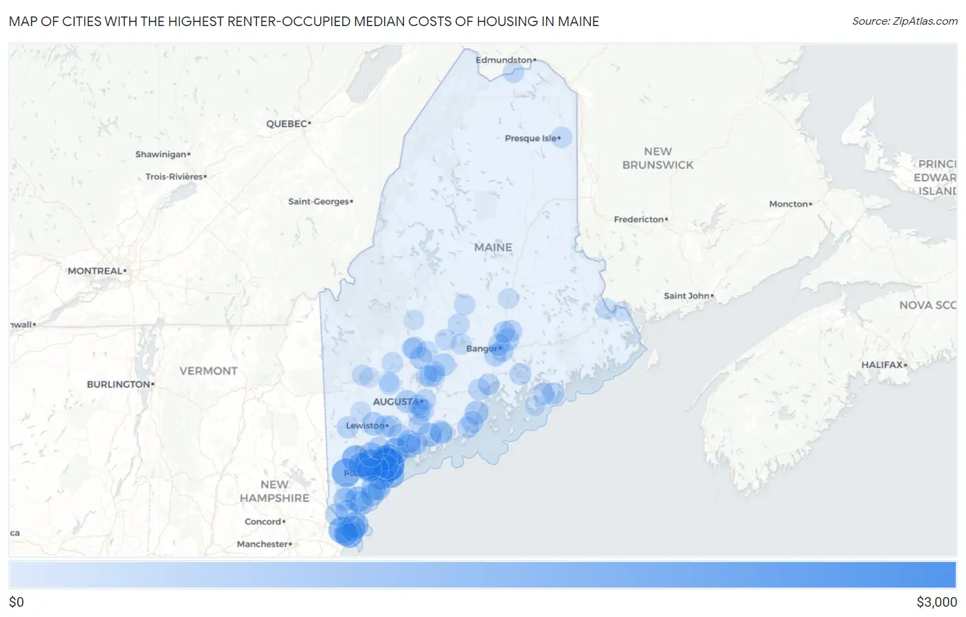 Cities with the Highest Renter-Occupied Median Costs of Housing in Maine Map