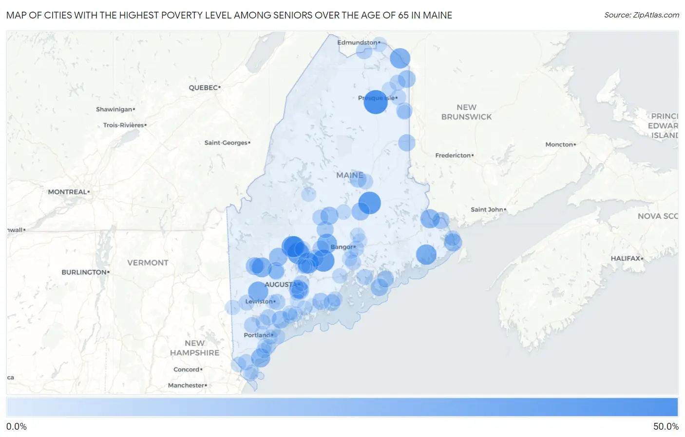 Cities with the Highest Poverty Level Among Seniors Over the Age of 65 in Maine Map