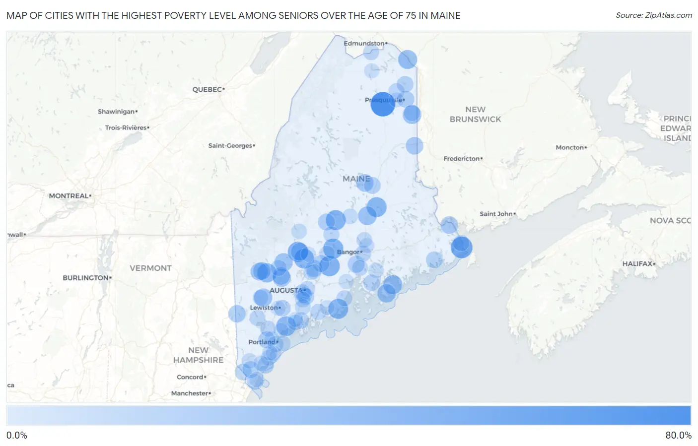 Cities with the Highest Poverty Level Among Seniors Over the Age of 75 in Maine Map