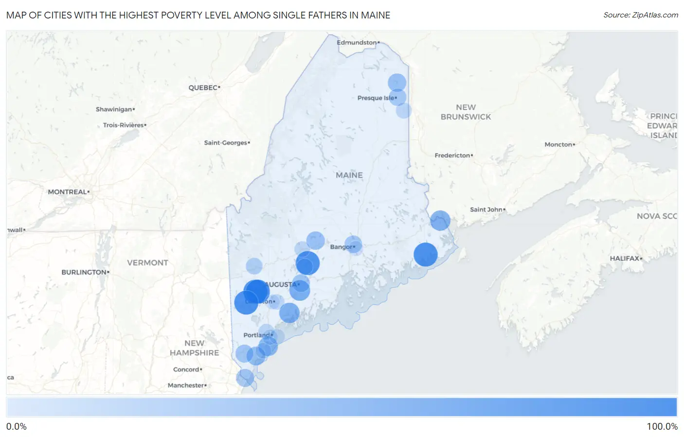 Cities with the Highest Poverty Level Among Single Fathers in Maine Map