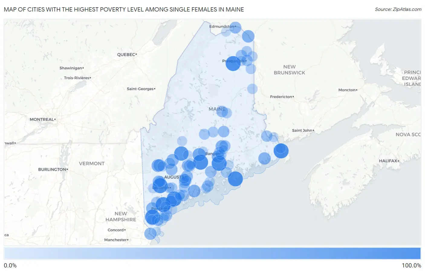 Cities with the Highest Poverty Level Among Single Females in Maine Map