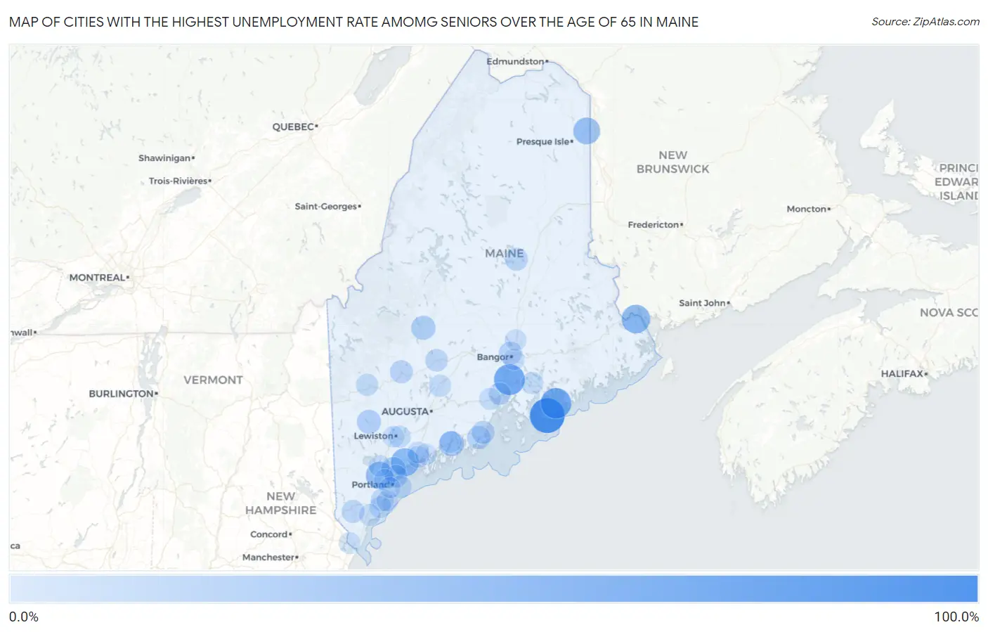 Cities with the Highest Unemployment Rate Amomg Seniors Over the Age of 65 in Maine Map