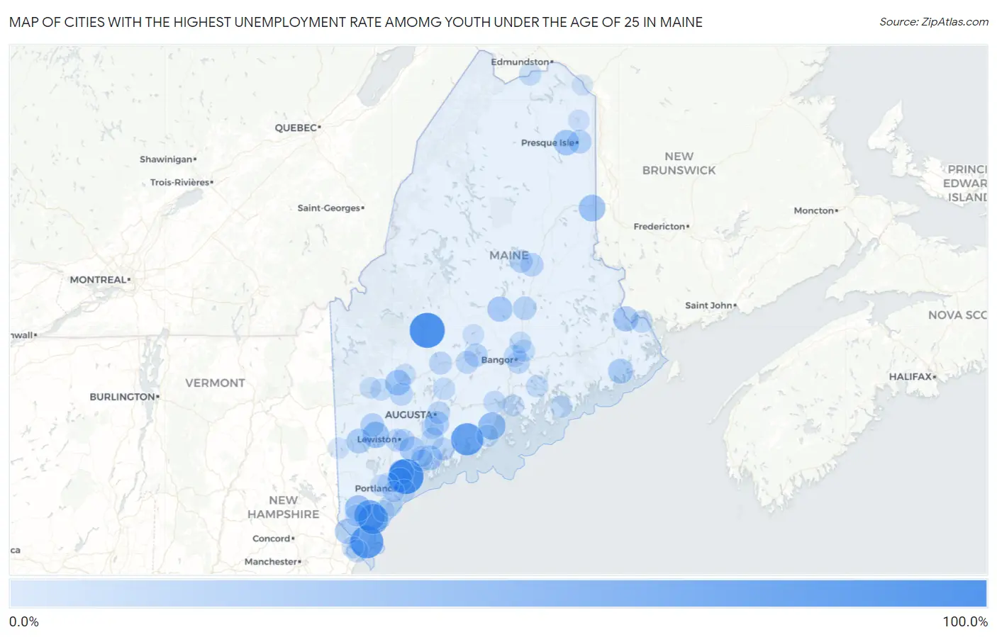 Cities with the Highest Unemployment Rate Amomg Youth Under the Age of 25 in Maine Map