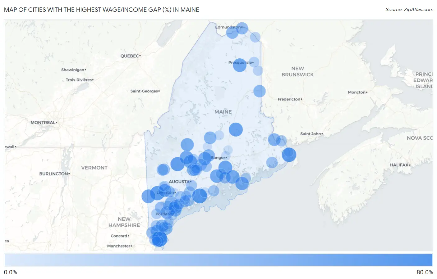 Cities with the Highest Wage/Income Gap (%) in Maine Map