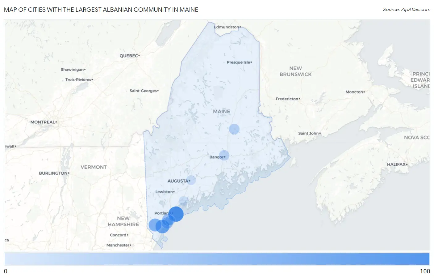 Cities with the Largest Albanian Community in Maine Map