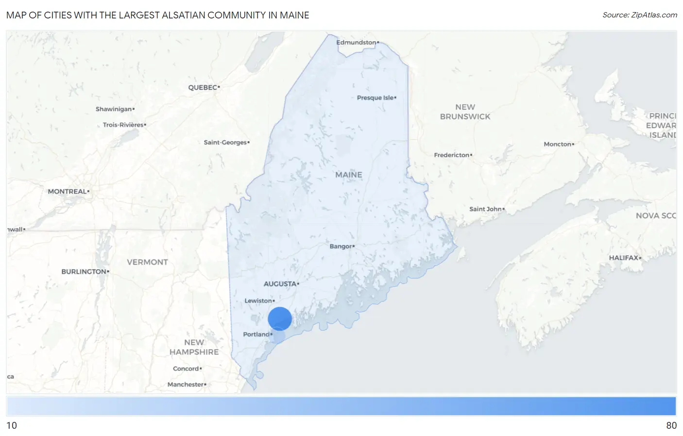 Cities with the Largest Alsatian Community in Maine Map