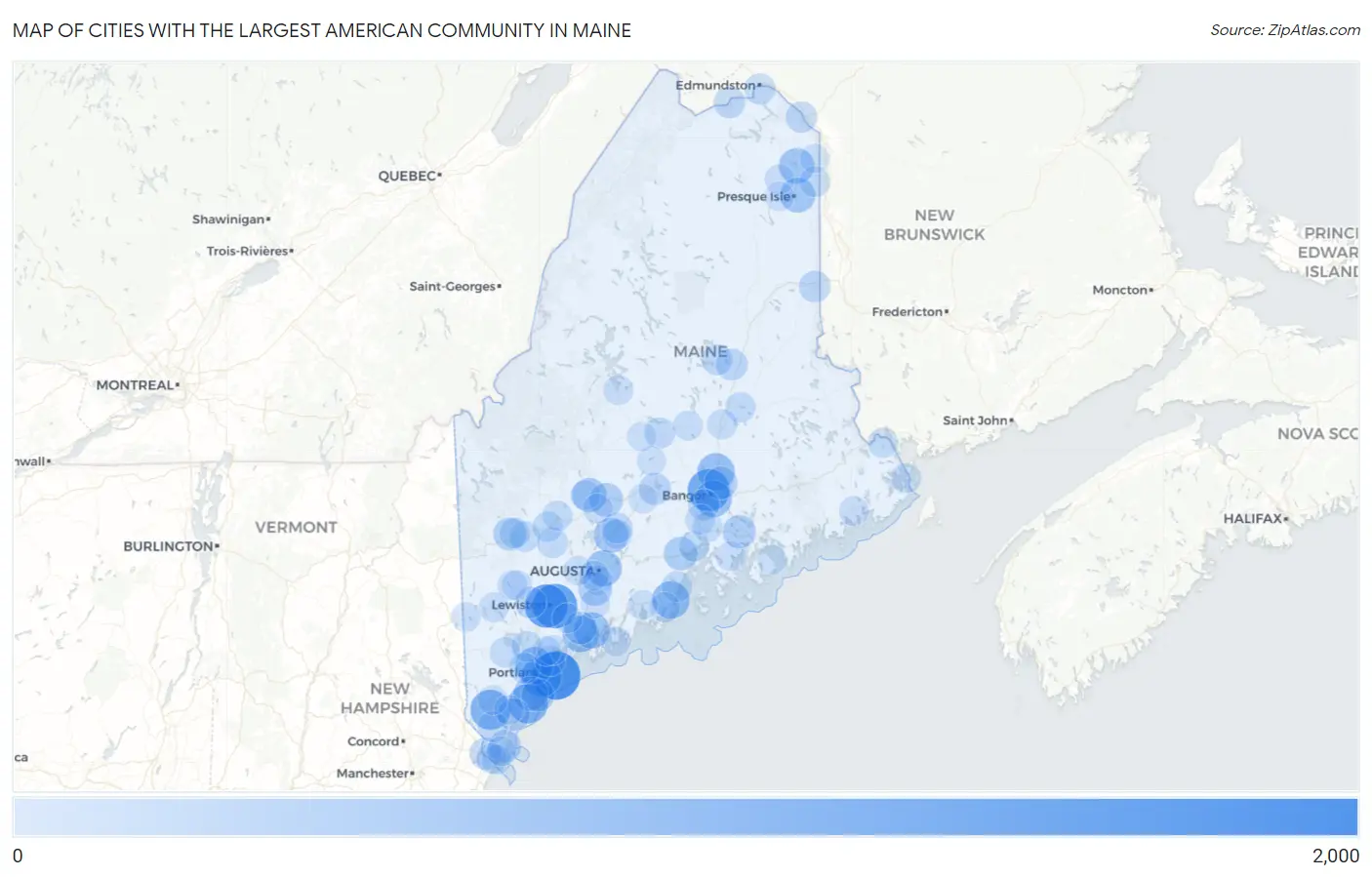 Cities with the Largest American Community in Maine Map