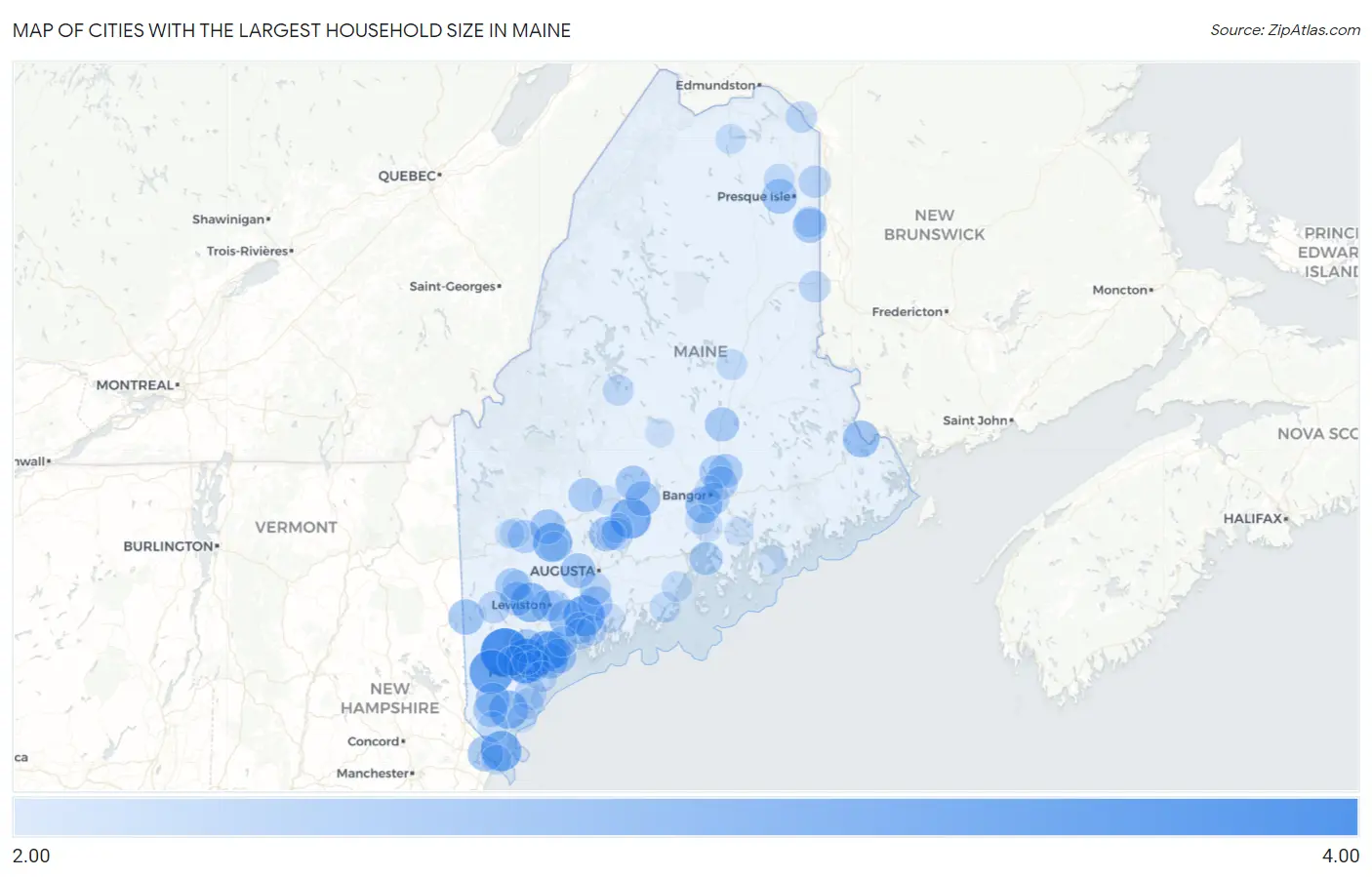 Cities with the Largest Household Size in Maine Map