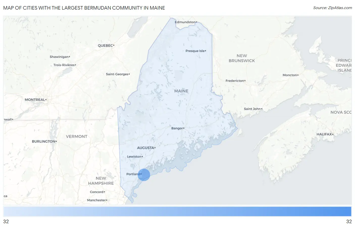 Cities with the Largest Bermudan Community in Maine Map