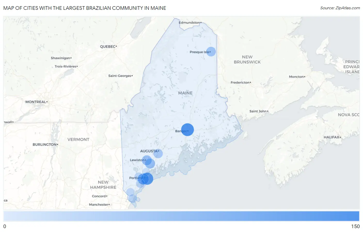 Cities with the Largest Brazilian Community in Maine Map