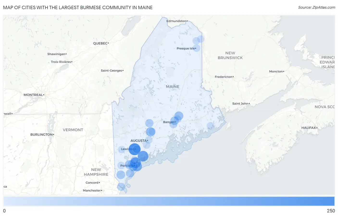 Cities with the Largest Burmese Community in Maine Map