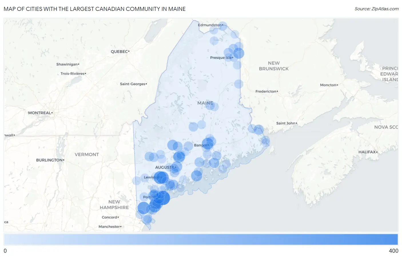 Cities with the Largest Canadian Community in Maine Map