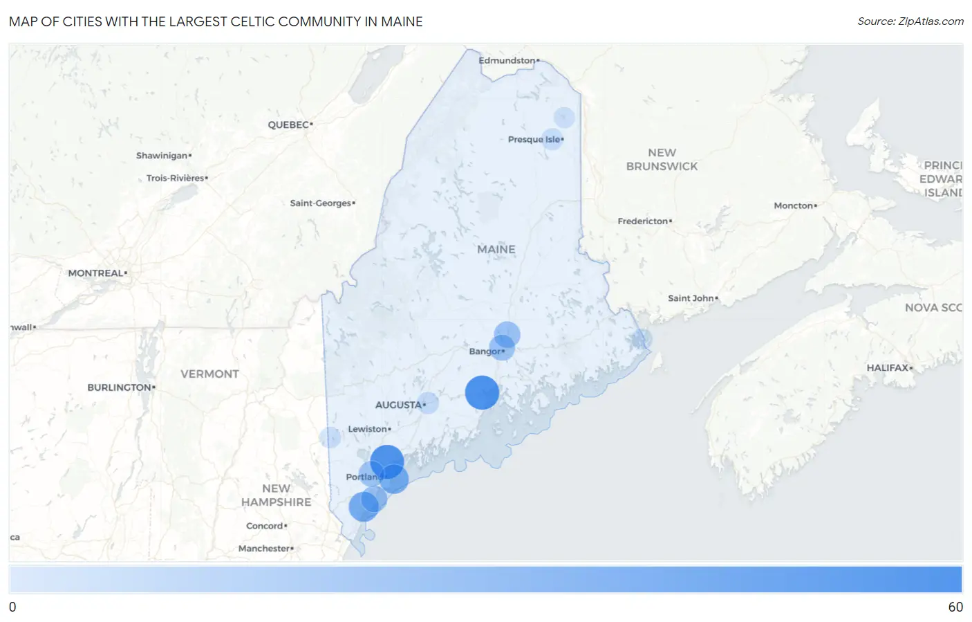 Cities with the Largest Celtic Community in Maine Map