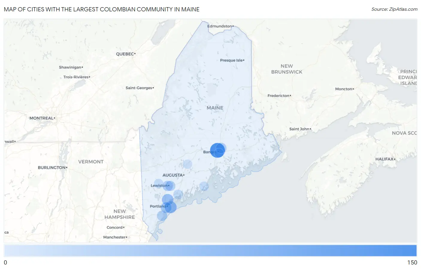 Cities with the Largest Colombian Community in Maine Map
