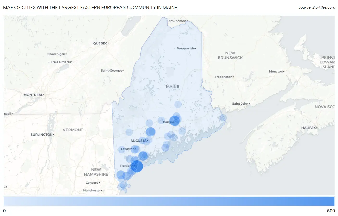 Cities with the Largest Eastern European Community in Maine Map