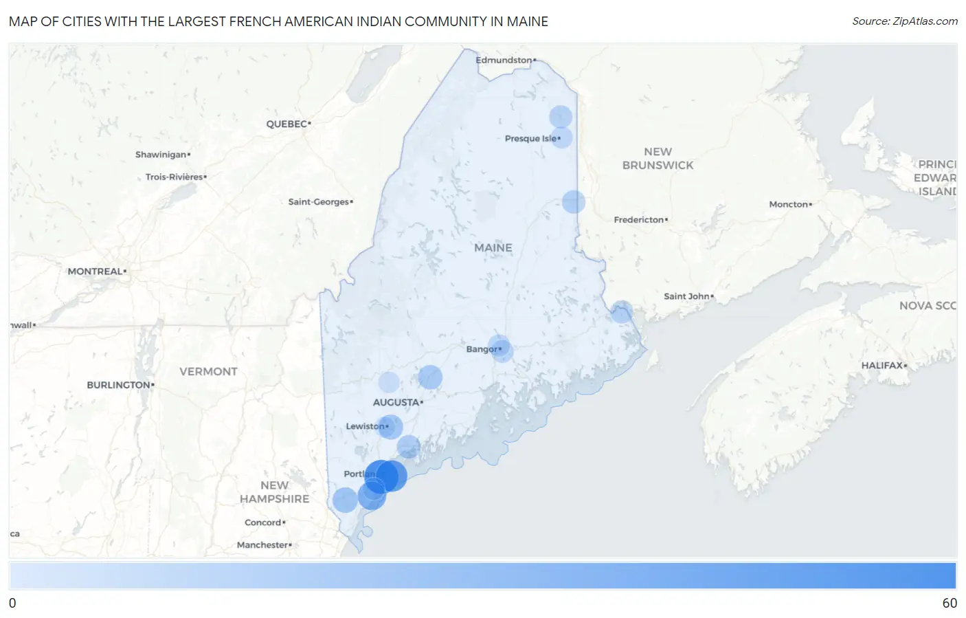 Cities with the Largest French American Indian Community in Maine Map