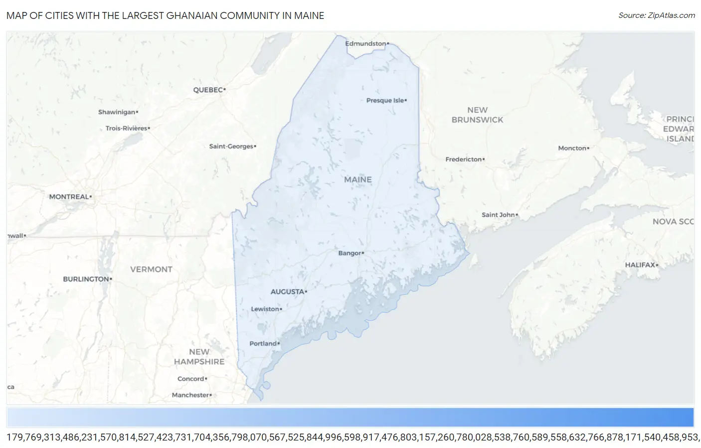 Cities with the Largest Ghanaian Community in Maine Map