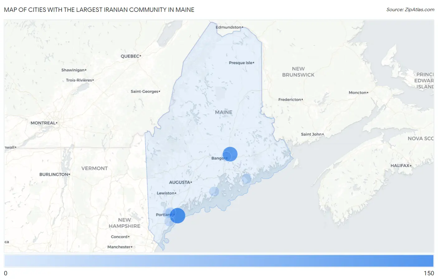 Cities with the Largest Iranian Community in Maine Map