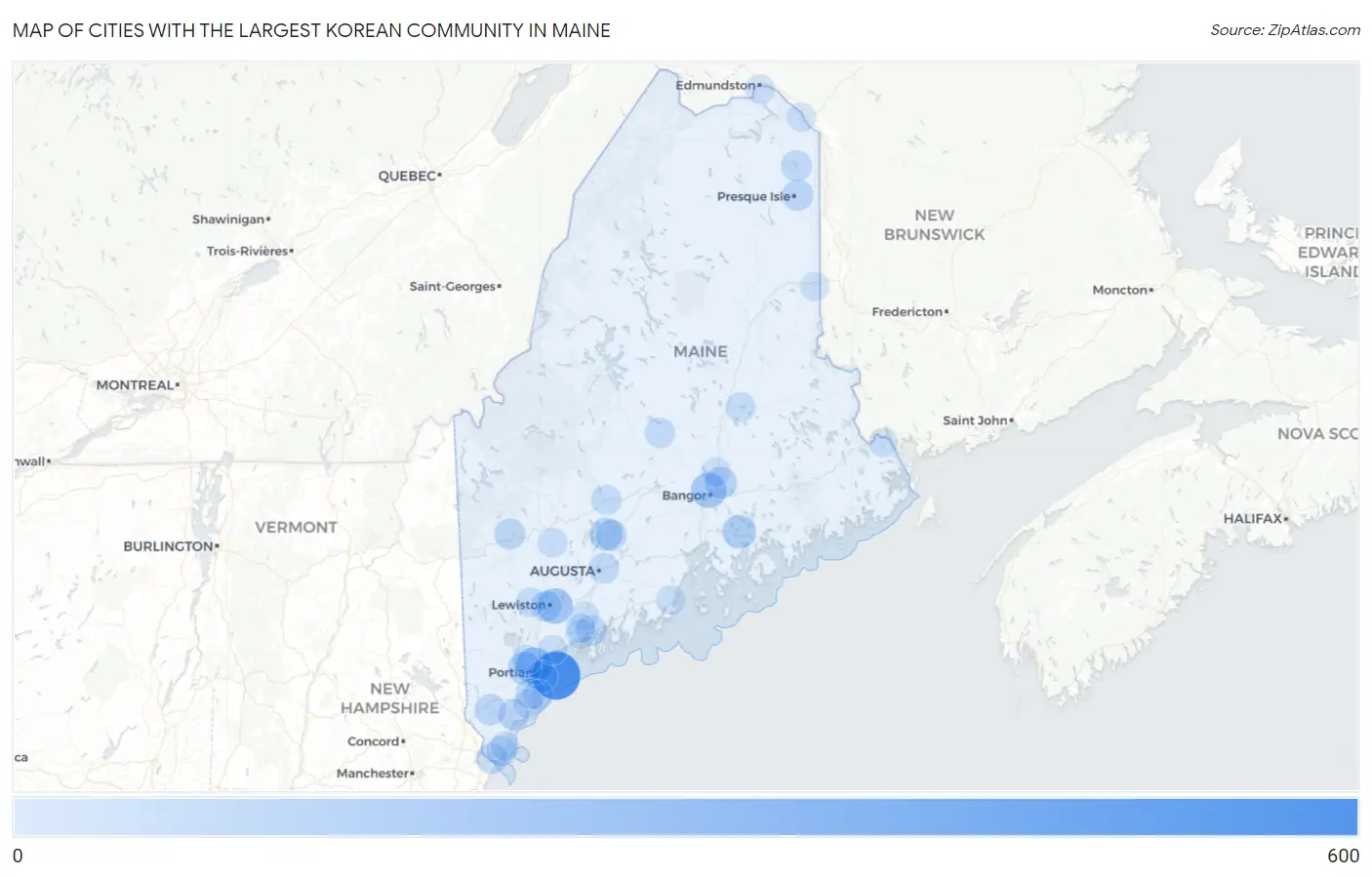 Cities with the Largest Korean Community in Maine Map