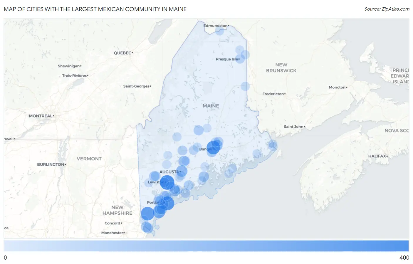 Cities with the Largest Mexican Community in Maine Map