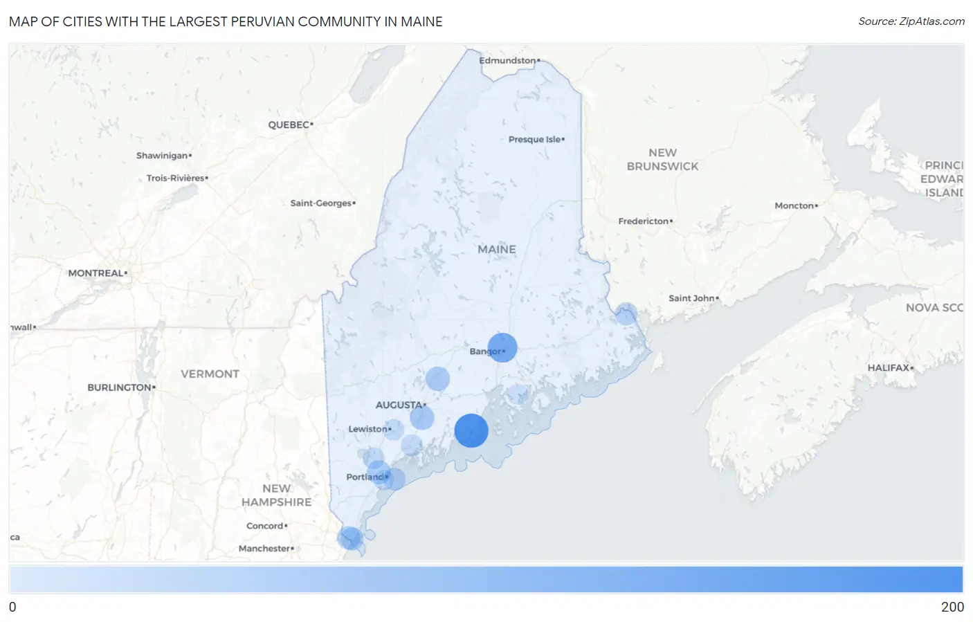 Cities with the Largest Peruvian Community in Maine Map