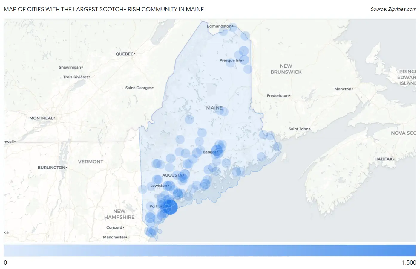 Cities with the Largest Scotch-Irish Community in Maine Map