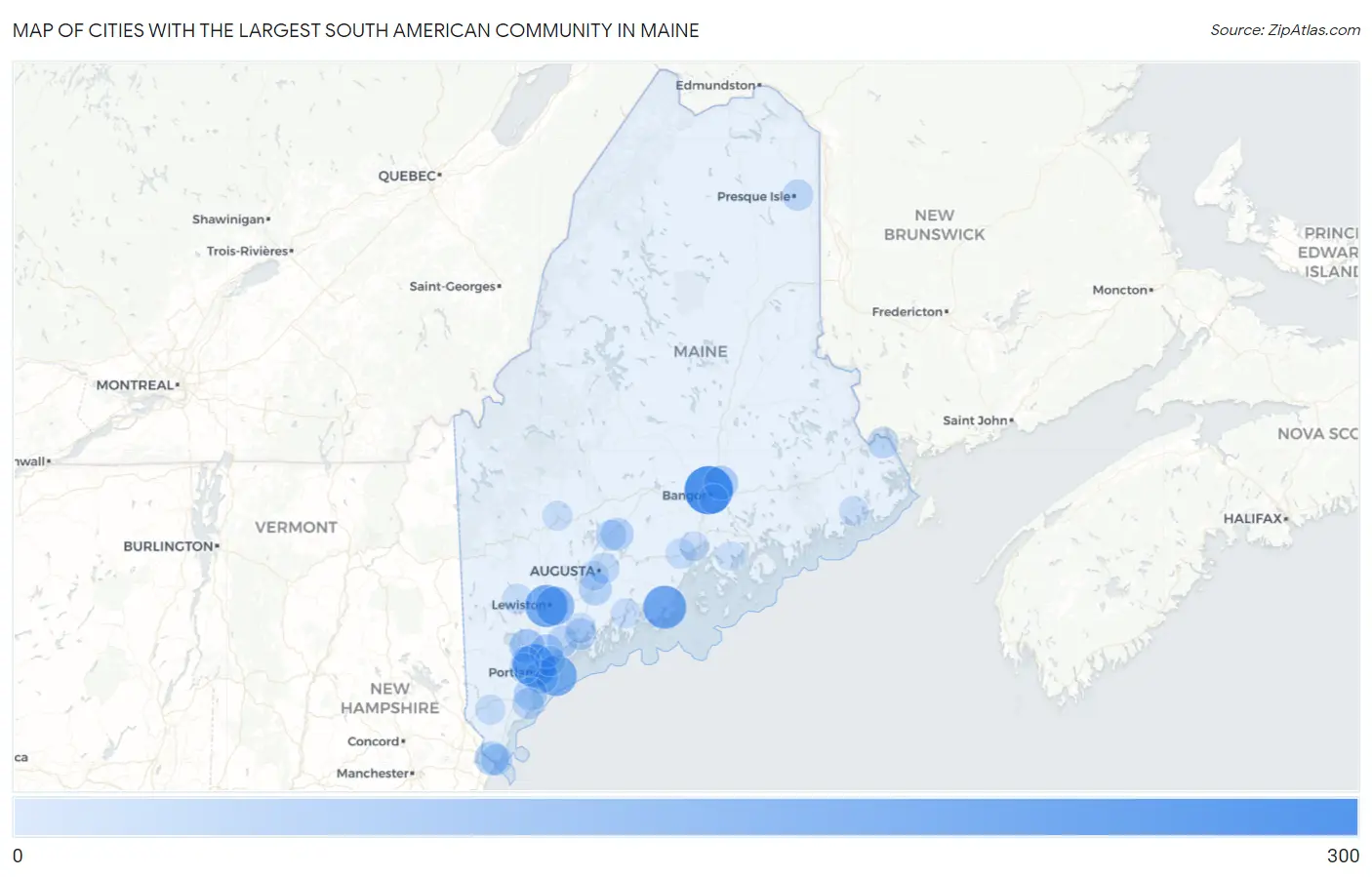 Cities with the Largest South American Community in Maine Map