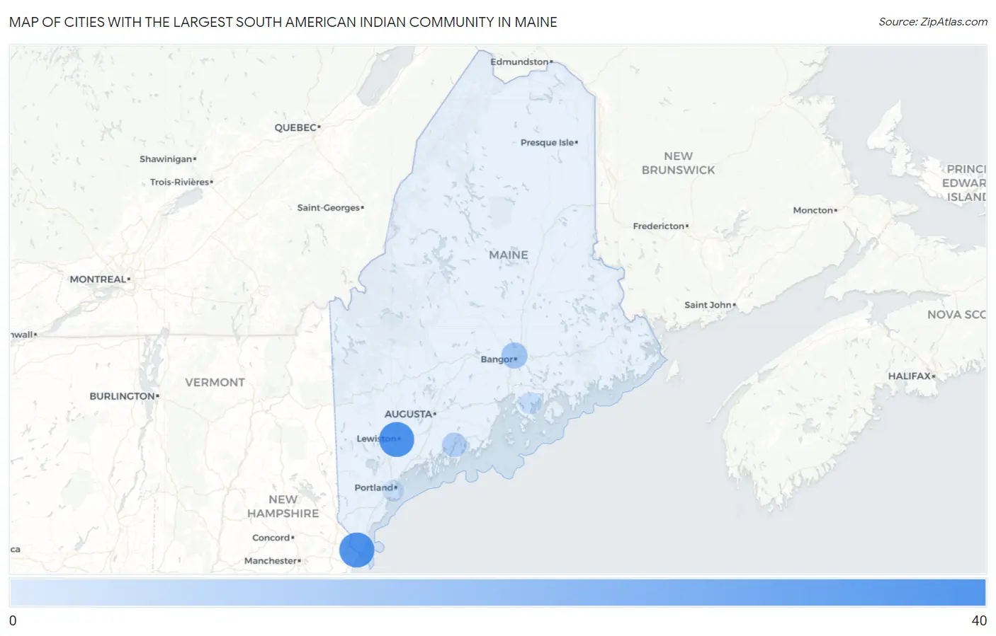 Cities with the Largest South American Indian Community in Maine Map