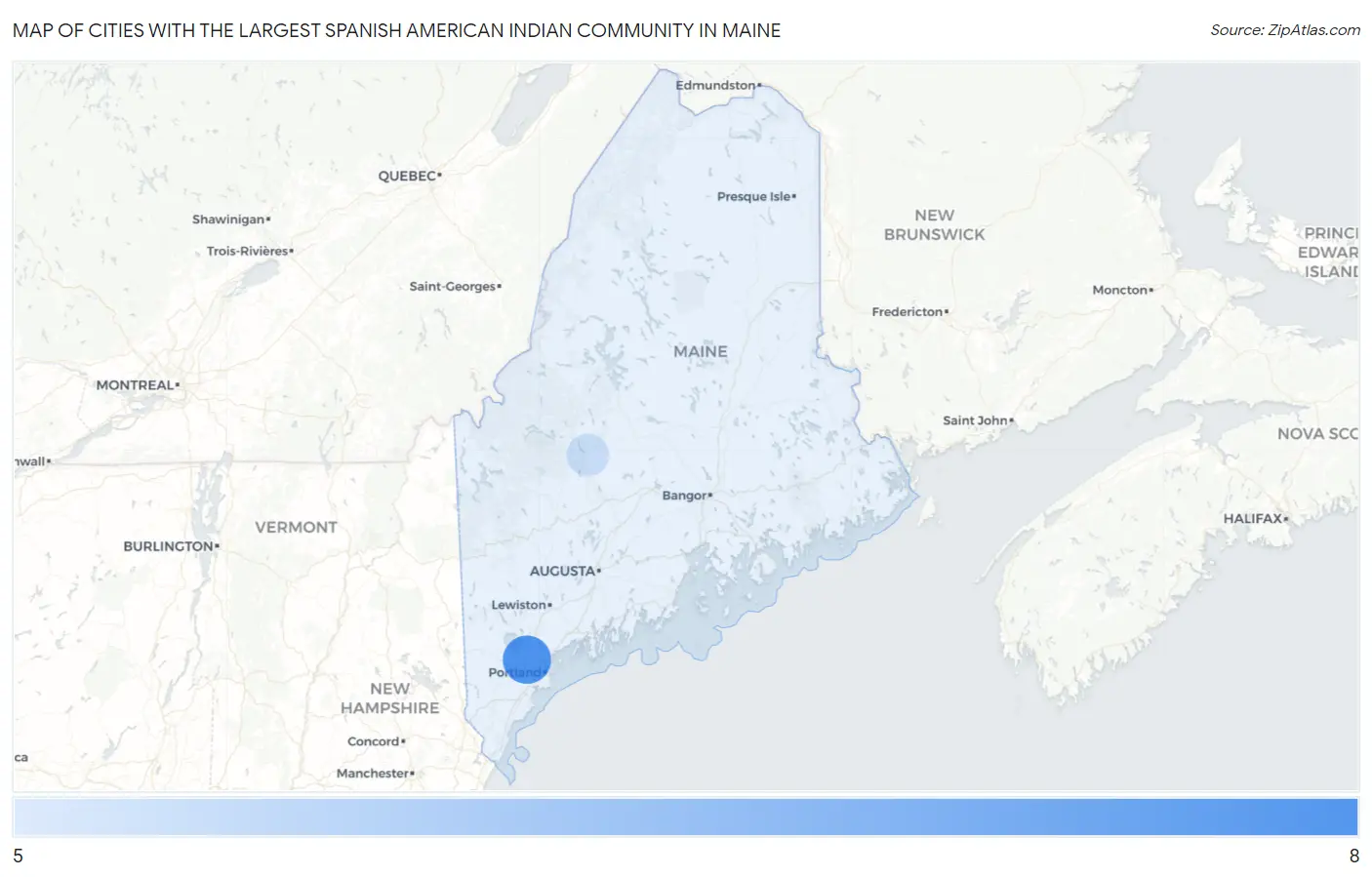 Cities with the Largest Spanish American Indian Community in Maine Map