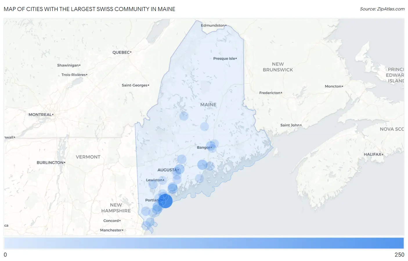 Cities with the Largest Swiss Community in Maine Map