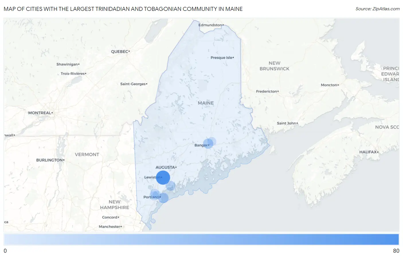 Cities with the Largest Trinidadian and Tobagonian Community in Maine Map