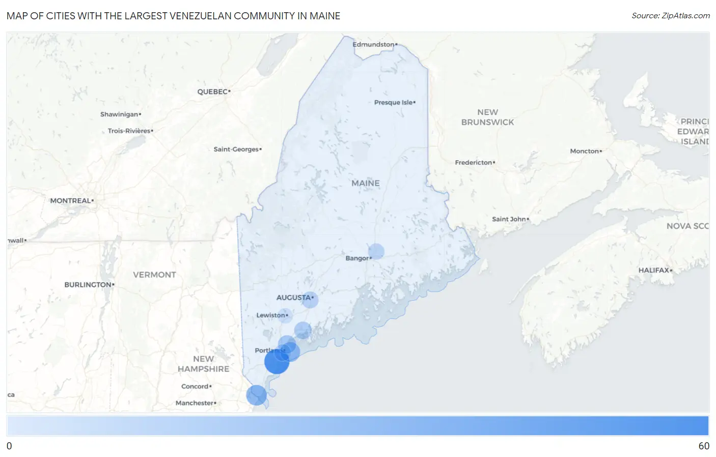 Cities with the Largest Venezuelan Community in Maine Map